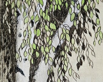 Birch painting, 4"x4", Original drawing, Handmade, wood panel, Gift, Living room, Décor, Art, Painting, Acrylic painting, boho wall art