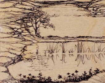 Original Pen and Ink Landscape Drawing on Birch Wood (4x4)