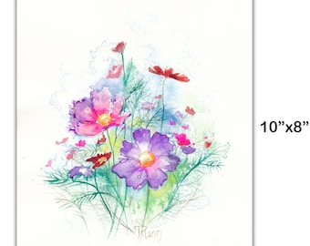 Cosmos watercolor, October Flower, Watercolor Painting, Art, Painting, Cosmos Flower Painting, October Birthday, Original Art, Birthday Gift