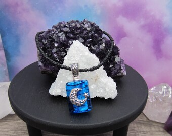 Sterling Silver Celestial Moon and Blue Lampwork Glass Pendant with Black Beaded Necklace