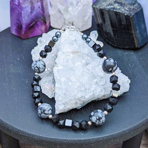 Snowflake Obsidian, Black Marble, Hematite, and sterling silver bracelet