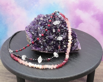 Multi-Strand Gemstone Statement Necklace - Herkimer Diamonds, Garnet, Rhodolite, Pink Opal, Strawberry Quartz, Black Spinel, Sterling Silver