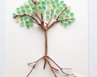 Tableau poétique. L'arbre de vie, Art du verre de mer, Déco minéral minimaliste. Pommier,
