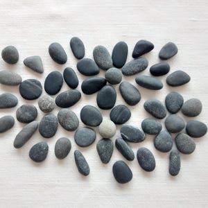 Puede incluir: Una colección de guijarros de río lisos, grises y negros, de varios tamaños y formas. Las piedras están dispuestas sobre una superficie blanca, creando una estética natural y orgánica. Las piedras varían en color de gris claro a negro intenso.