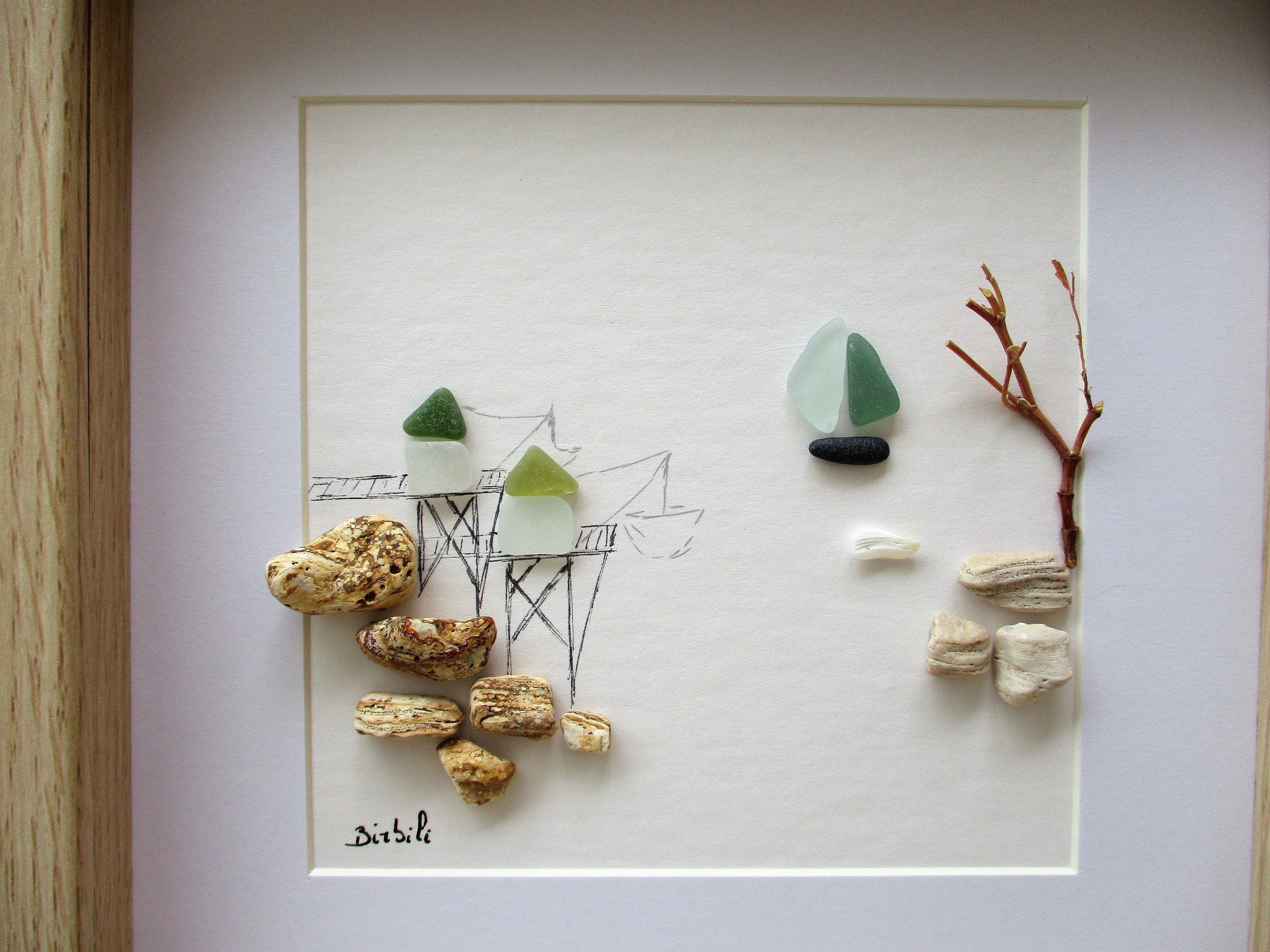 Art Des Galets, Vue Marine, Carrelets, Cabane de Pêche, Mer, Décoration Bord Tableau en Galets.