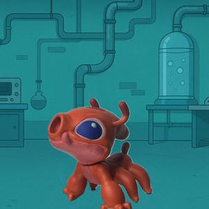 May include: A red and pink cartoon creature with large blue eyes and multiple limbs. The figure is set against a teal background with laboratory equipment and pipes, creating a science fiction theme.
