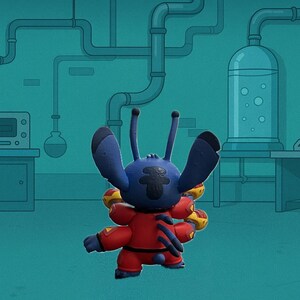 May include: A blue alien figurine with large ears and antennae, wearing a red suit with yellow accents and four arms. The character is shown from the back, displaying a dark blue head, a red torso, and multiple limbs against a teal laboratory background.