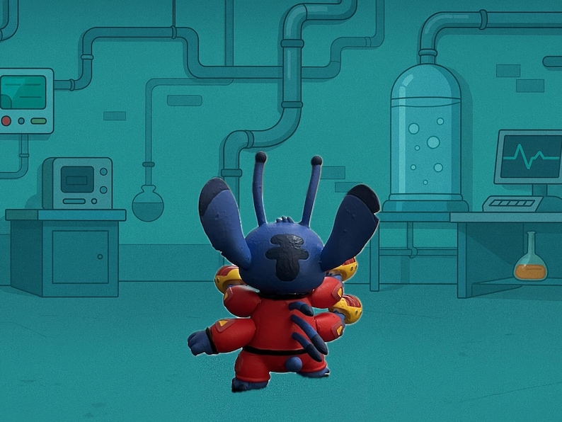 May include: A blue alien figurine with large ears and antennae, wearing a red suit with yellow accents and four arms. The character is shown from the back, displaying a dark blue head, a red torso, and multiple limbs against a teal laboratory background.