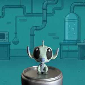 May include: A figurine of the character Stitch from the animated film Lilo & Stitch. The figure is light blue with large black eyes, blue ears, and a small antenna. It stands on a silver surface against a teal background.
