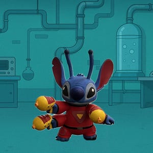 May include: A blue alien figurine with large ears and two antennae, wearing a red space suit with a yellow triangle emblem on the chest. The character has four arms, with two hands holding yellow and red blasters, standing against a laboratory background.