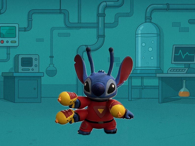 May include: A blue alien figurine with large ears and two antennae, wearing a red space suit with a yellow triangle emblem on the chest. The character has four arms, with two hands holding yellow and red blasters, standing against a laboratory background.