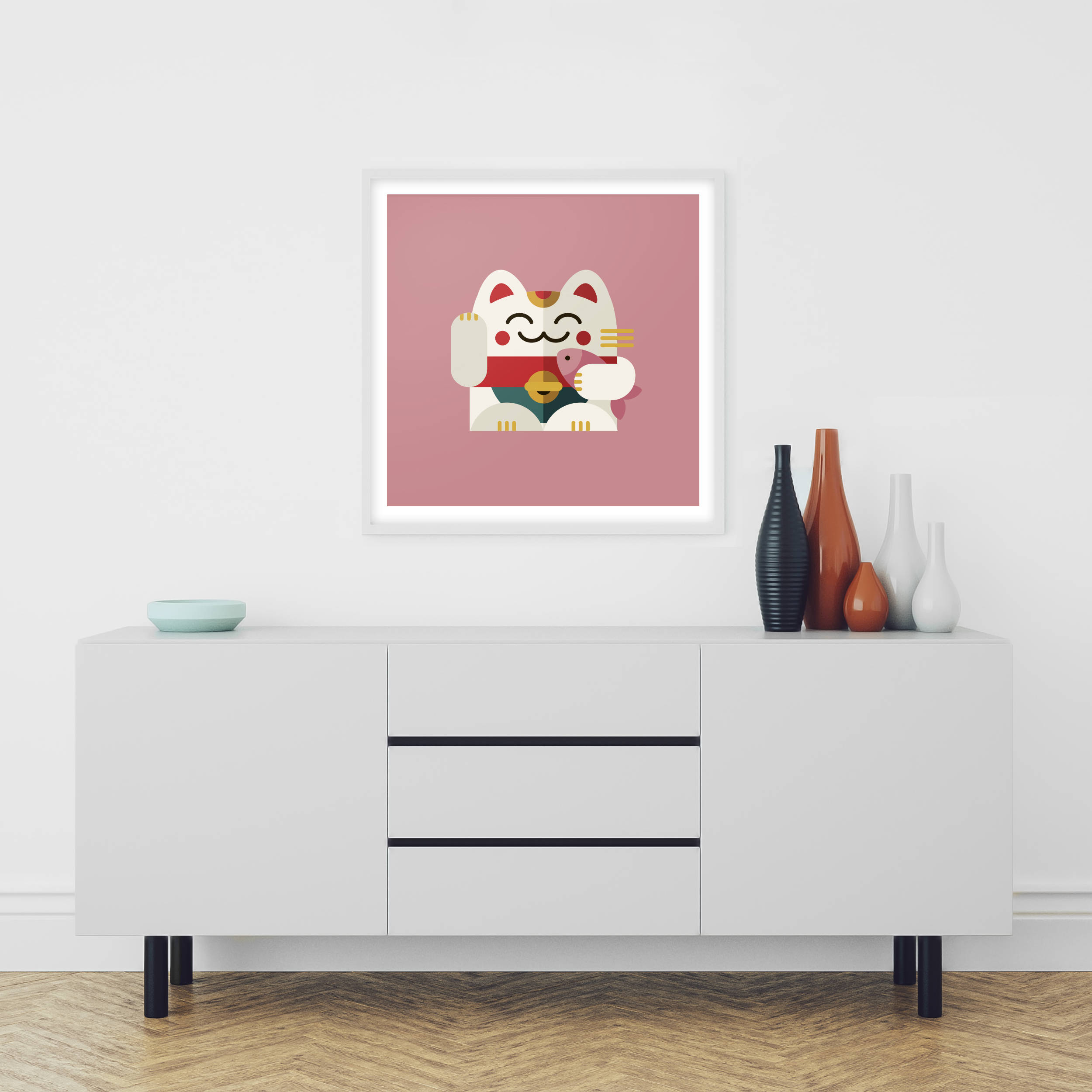 Maneki Neko print Pink background Fortune cat print | Etsy