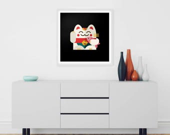 Maneki Neko print - Fish | Fortune cat print | Giclee print | Good luck charm | Wall decor | Gift | Home decor | Valentine's Day Gift