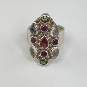Sajen Sterling Silver and Gemstone Ring Size 6.5, vintage Sterling Silver Sajen Ring with Amethyst, Moonstone and Peridot