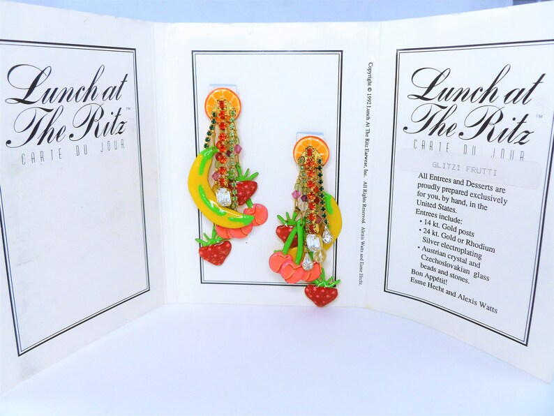 Lunch at the Ritz Designer earrings-Vintage solid 14K Gold post earrings-Glitzi Fruit earrings-Large dangle earrings-Bright yellow Earrings