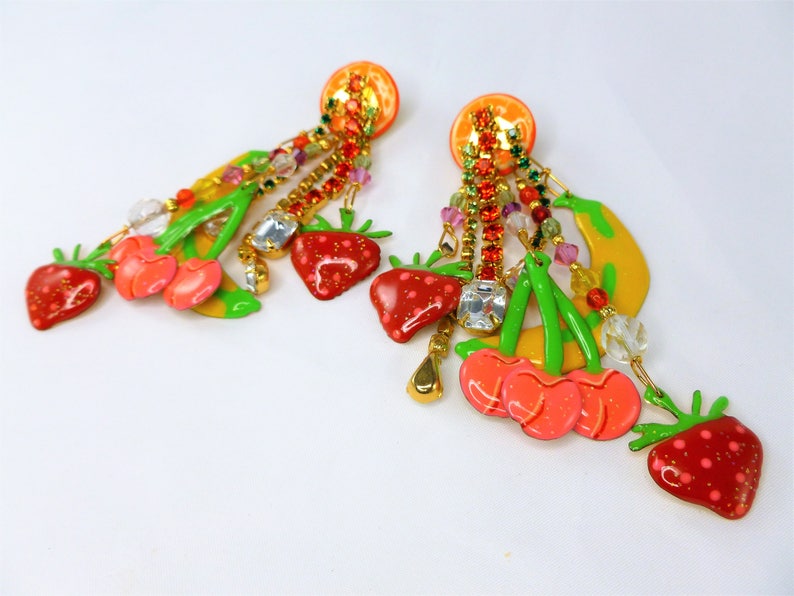 Lunch at the Ritz Designer earrings-Vintage solid 14K Gold post earrings-Glitzi Fruit earrings-Large dangle earrings-Bright yellow Earrings