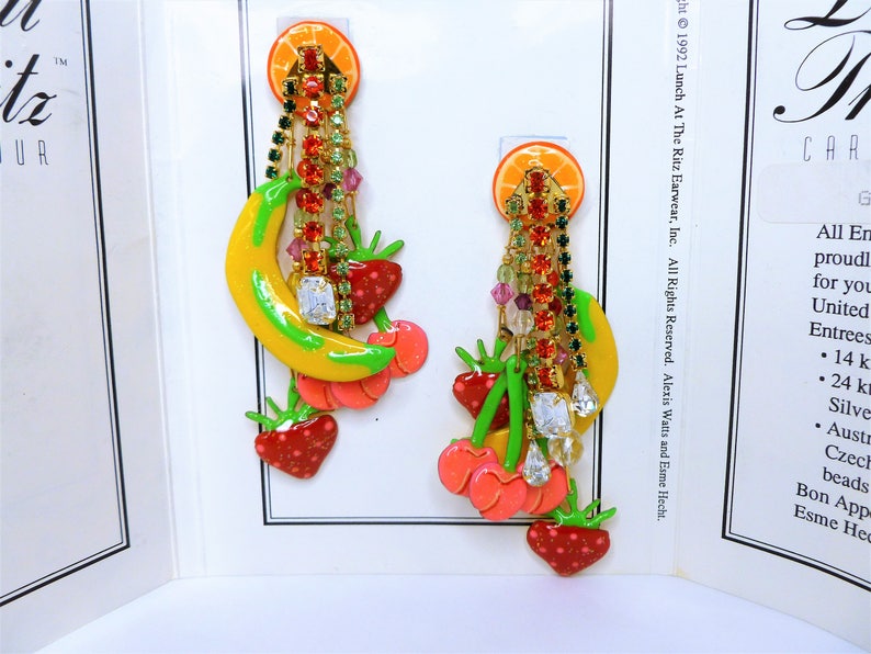Lunch at the Ritz Designer earrings-Vintage solid 14K Gold post earrings-Glitzi Fruit earrings-Large dangle earrings-Bright yellow Earrings