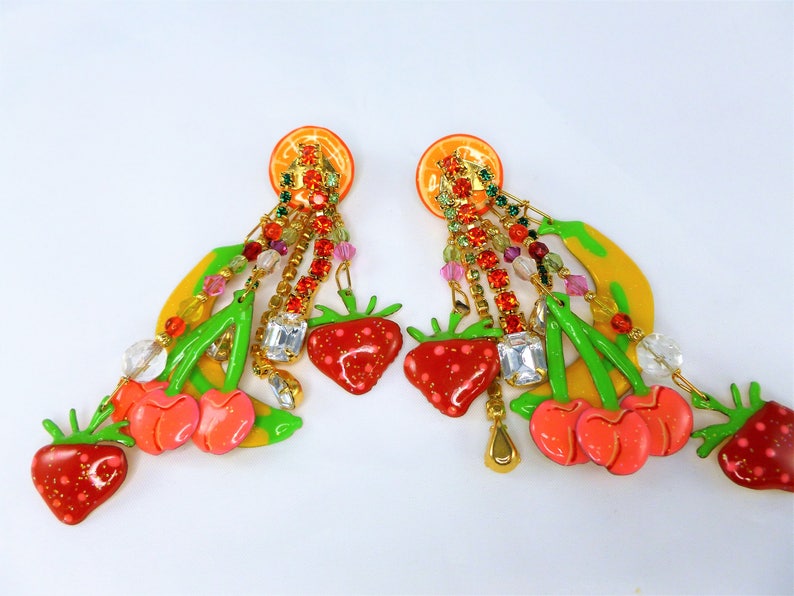 Lunch at the Ritz Designer earrings-Vintage solid 14K Gold post earrings-Glitzi Fruit earrings-Large dangle earrings-Bright yellow Earrings