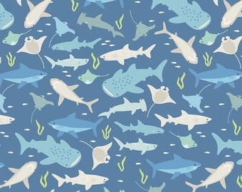 Riptide Main in Denim woven cotton fabric by Citrus and Mint Designs for Riley Blake C10300-DENIM blue shark quilting cotton yardage