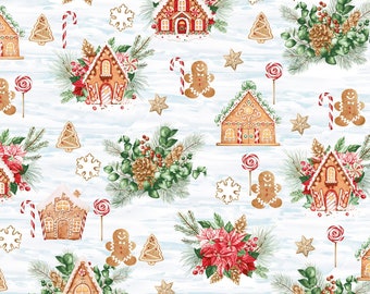 Gingerbread Lane Sky Gingerbread with metallic gold accents woven cotton fabric from Hoffman T4849-16G yardage