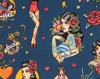 Don't Gamble with Love in Blue from Alexander Henry Nicole's Prints 8781F pin up girls tattoos hearts roses quilting cotton fabric yard