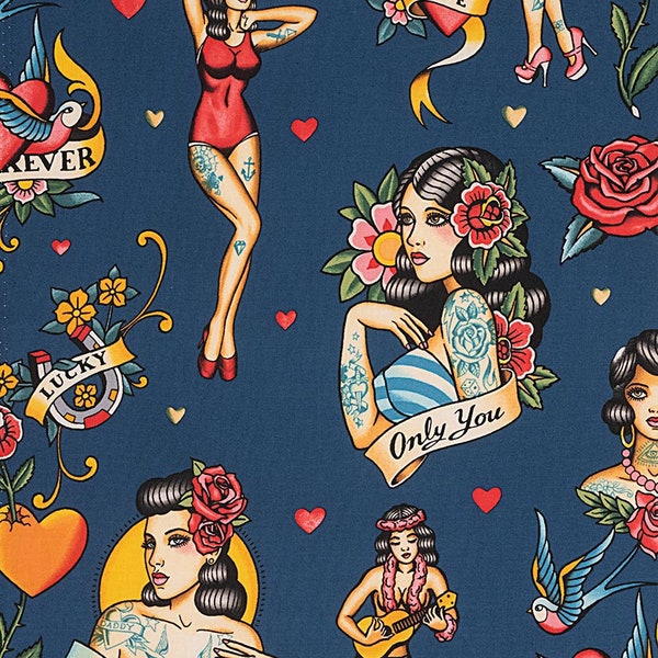 Don't Gamble with Love in Blue from Alexander Henry Nicole's Prints 8781F pin up girls tattoos hearts roses quilting cotton fabric yard