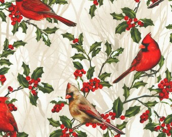 Winter Visitors Red Cardinals woven cotton fabric from Hyun Joo Lee for Robert Kaufman AHYD2003194 winter yardage fabric