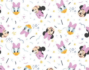 Mickey Mouse Play All Day Girl in white woven cotton fabric from Camelot Fabrics 85271023-1 minnie and daisy fabric yardage licensed