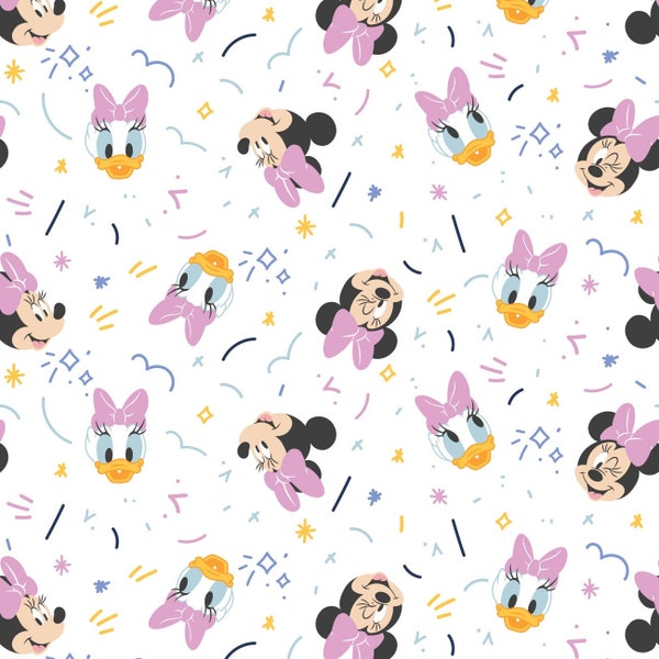 Mickey Mouse Play All Day Girl in white woven cotton fabric from Camelot Fabrics 85271023-1 minnie and daisy fabric yardage licensed