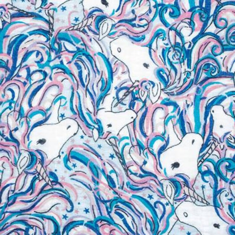 Make Believe Embrace in Rainbow from Shannon Fabrics unicorn cotton double gauze fabric blue and white muslin emmakebelieverainbow