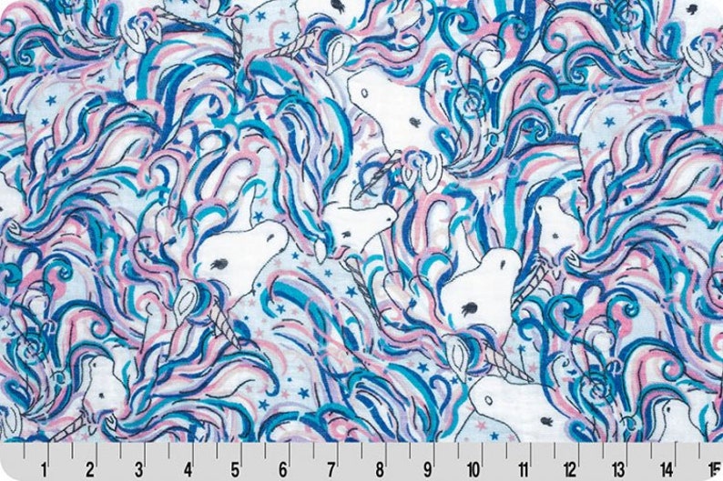 Make Believe Embrace in Rainbow from Shannon Fabrics unicorn cotton double gauze fabric blue and white muslin emmakebelieverainbow