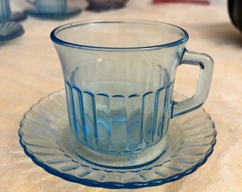 Forte Crisa Azure Mexico Glass Cups and Soucers / Blue Glassware / 9 Sets Available - SETS SOLD INDIVIDUALLY