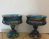 SALE Vintage Indiana Iridescent Carnival Blue Kings Crown Candy Pedestal Compote