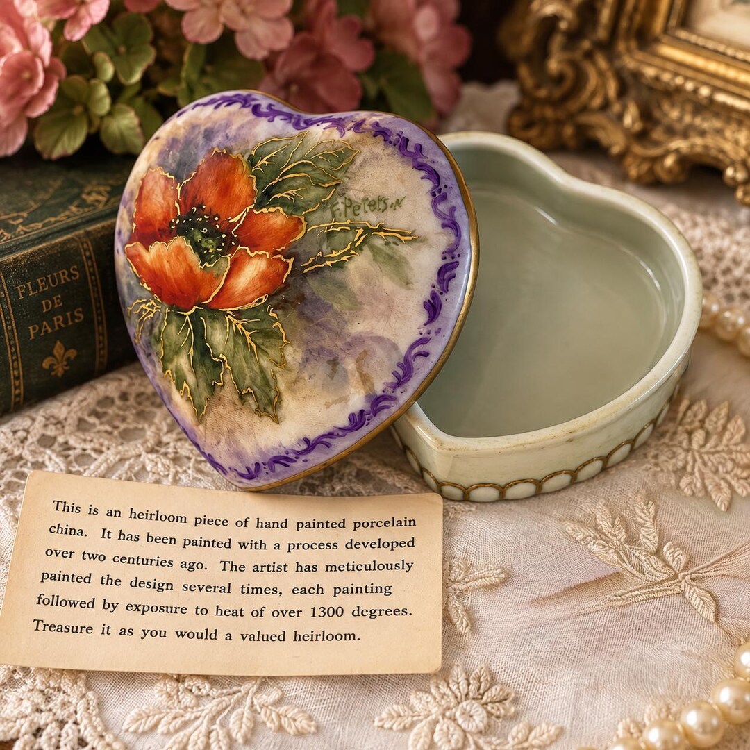 Vintage Florence Peterson Signed Hand Painted Porcelain Heart Trinket