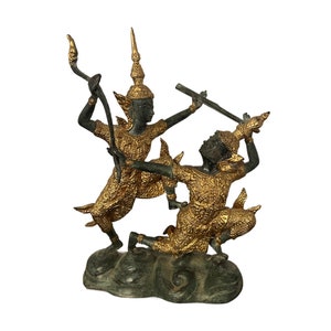 Vintage Verdigris Gold Gilt Bronze Thai Rama Warrior Archer Prince Fighting Demon Dungeon Guard Monster Asian Art Sculpture Statue Figurine