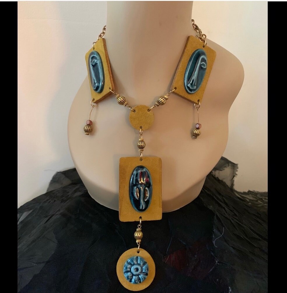 Handmade Leather ELZAK Necklace W/ceramic Tribal Faces and Flower