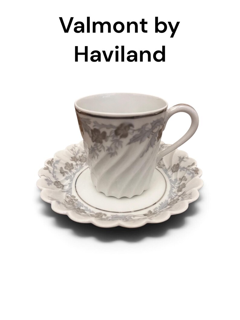 Pode incluir: Um conjunto de ch&aacute;vena e pires em porcelana branca com o texto Valmont by Haviland. A ch&aacute;vena tem um corpo canelado em espiral com um padr&atilde;o floral cinzento e rebordo prateado. O pires tem uma borda recortada com um design floral cinzento.