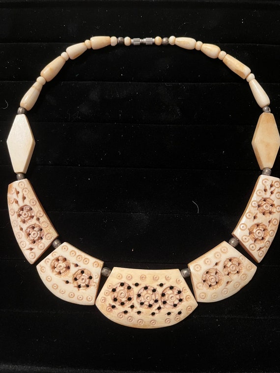 Exotic Hand Carved Bone Beaded Vintage Necklace - image 2