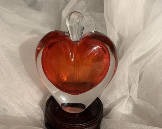 Red Heart Perfume Bottle With Stopper, Hand Blown Vintage Art Glass
