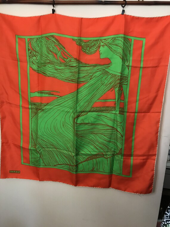 Vintage SARMI Silk Orange and Lime Green Scarf / A