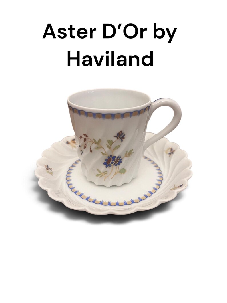 Pode incluir: Um conjunto de ch&aacute;vena e pires em porcelana branca intitulado Aster D'Or by Haviland. A ch&aacute;vena e o pires apresentam uma textura canelada em espiral, um padr&atilde;o de rebordo recortado em azul e dourado e um delicado motivo floral com flores azuis e castanhas.