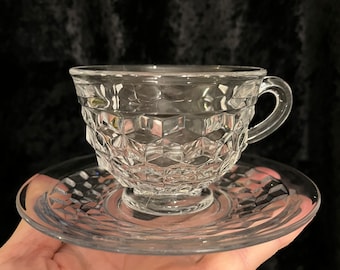 Fostoria “American Clear Diamond Cut Cups And Saucers / 4 Sets Available- SOLD INDIVIDUALLY