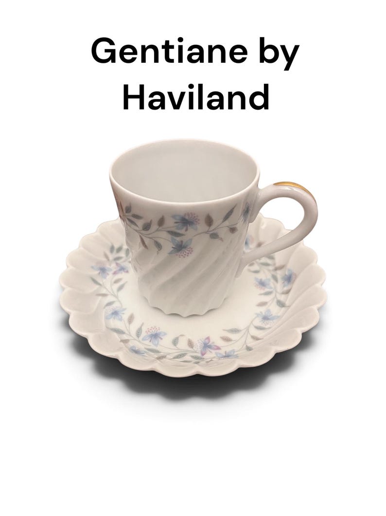 Pode incluir: Um conjunto de ch&aacute;vena e pires em porcelana branca com um delicado padr&atilde;o de videiras florais em azul e roxo. A ch&aacute;vena tem uma textura canelada em espiral e uma asa com rebordo dourado. O texto Gentiane by Haviland est&aacute; impresso acima.