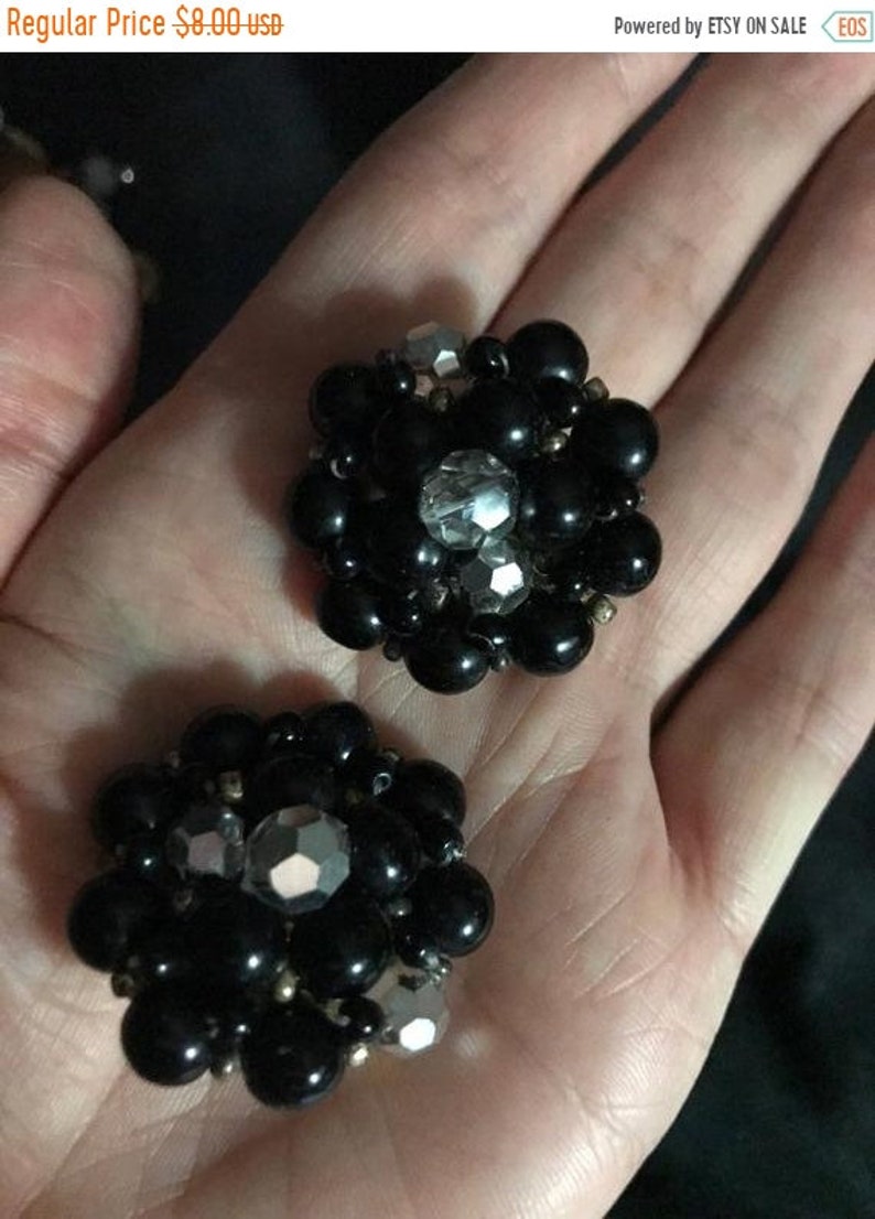 MOVING SALE Vintage 50s Black Beads Oval Clip On Earrings Elegant Earrings