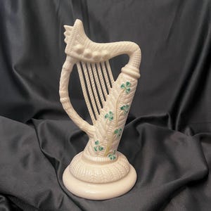 Vintage Harp Shamrock by BELLEEK POTTERY (IRELAND) / Gold/Brown 7th Mark / 8” tall