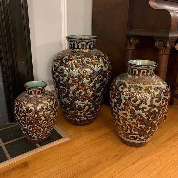 Horchow Blue and Gold Floor Ceramic Vases / Emissary / Made in Vietnam / 3 Available