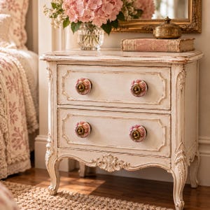 May include: A cream-colored wooden nightstand with two drawers, featuring a distressed finish, ornate carved legs, and four round ceramic knobs with pink and white floral patterns and brass-toned centers, providing storage space.