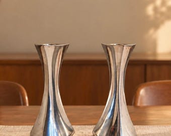 Nambé 594 Sculptural Metal Candleholders Set of 2 / Modern Silver Candlesticks