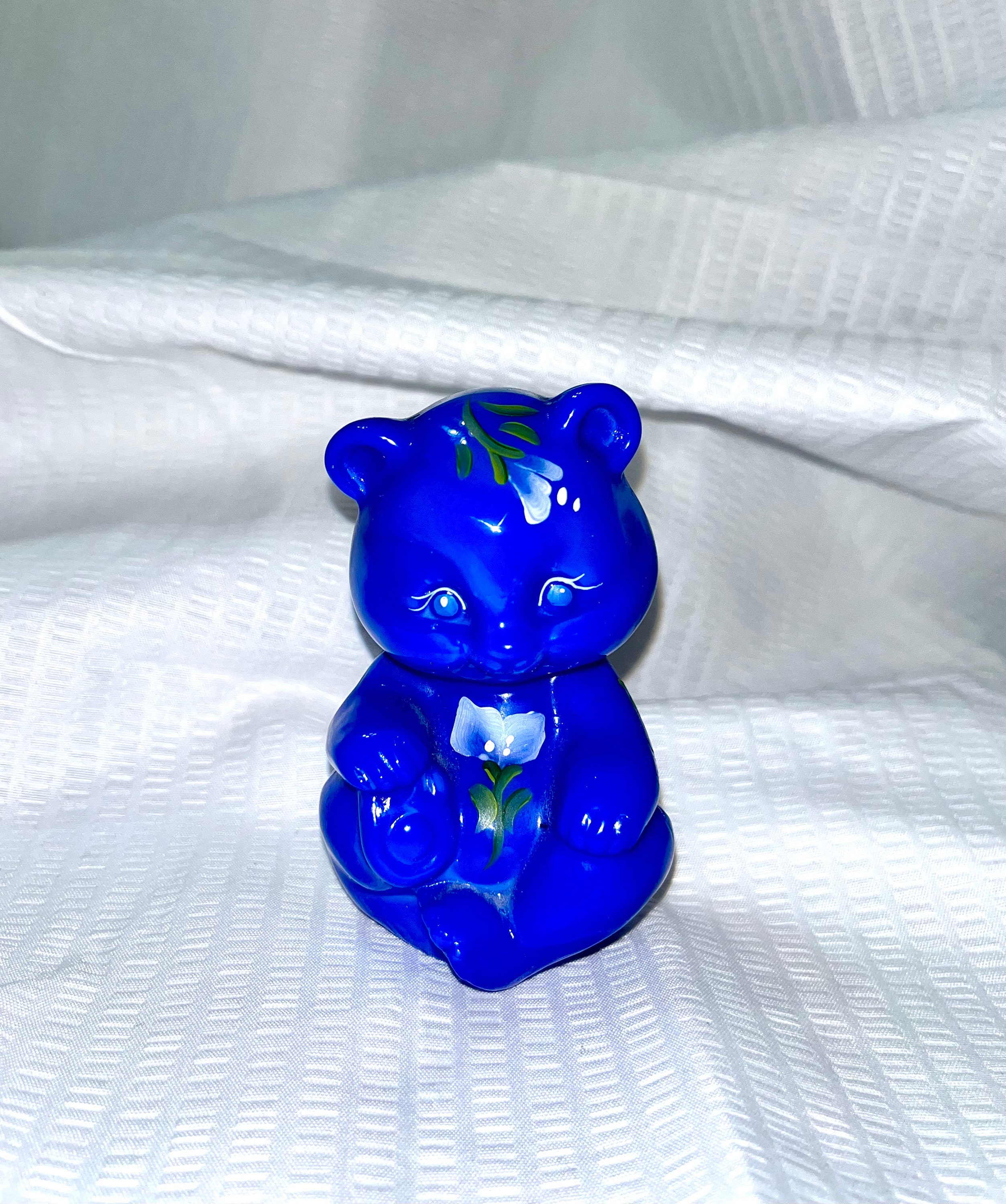 RARE Vintage Fenton Cobalt Blue Glass Bear With White Flowers Hand