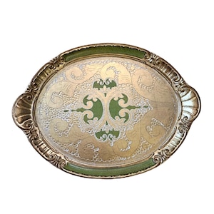 Italian Florentine Sezzatini Firenze Hand Painted Oval Tray / Toleware / Gilt and Wood / Made in Italy